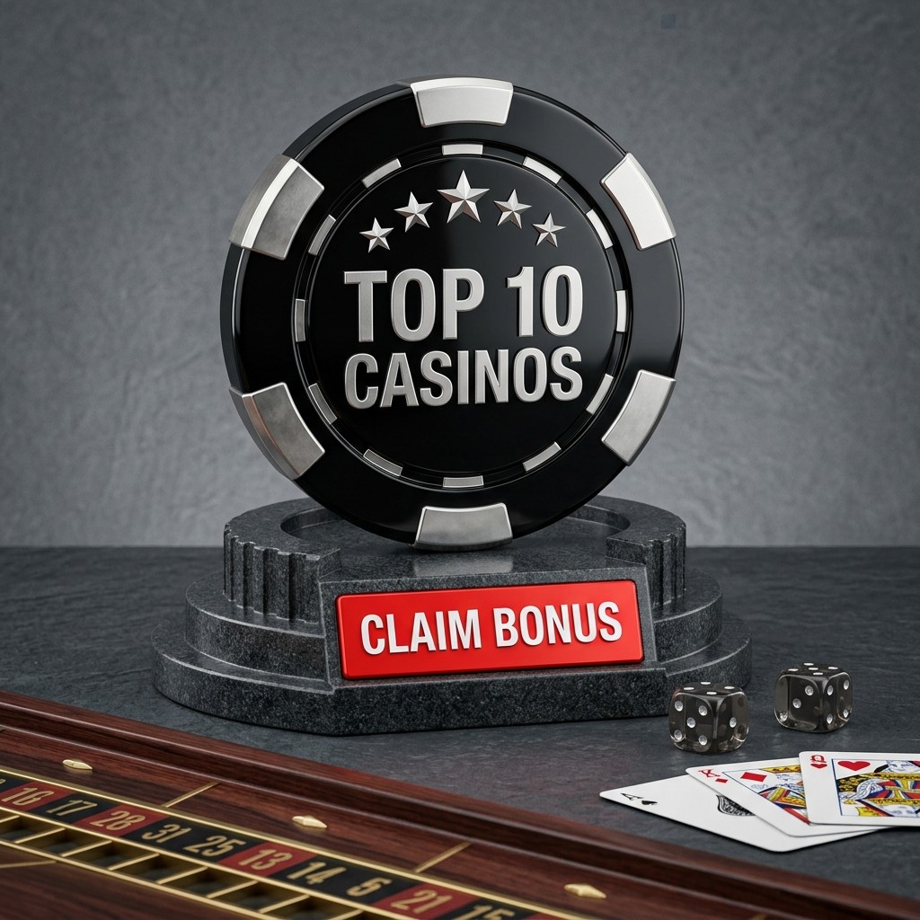 Top Ball Games: a black Top 10 Casinos chip on a stone plinth with a roulette wheel, dice and playing cards.